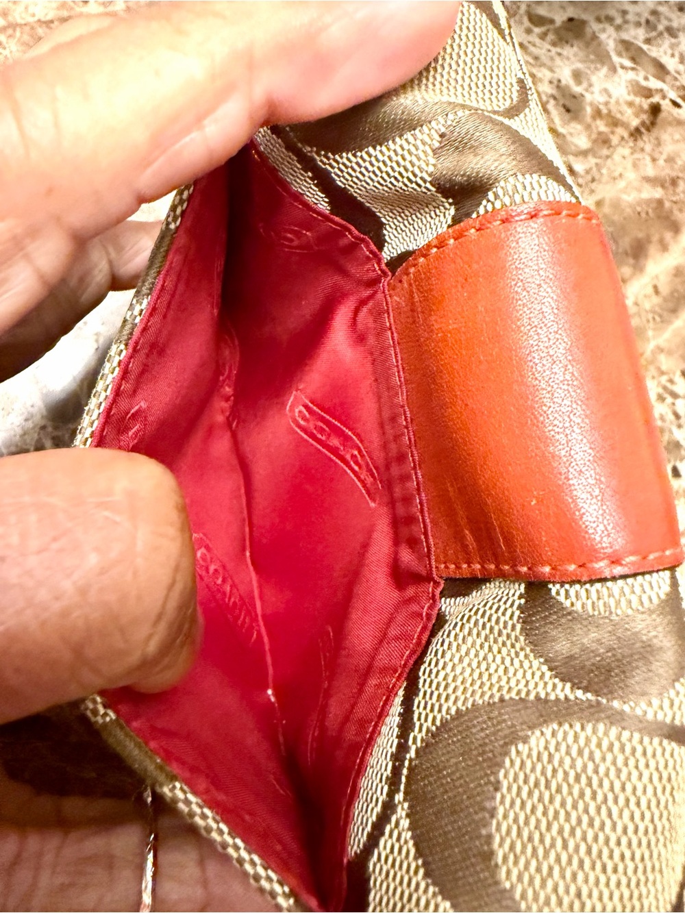 Coach Signature Canvas Bifold Wallet in Brown and Orange/Red - Picture 9 of 17